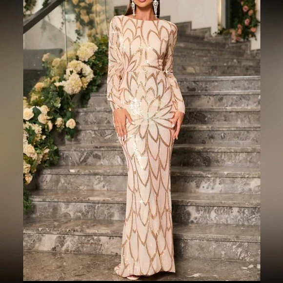 Luxe long sleeve party formal sequins dress Wedding